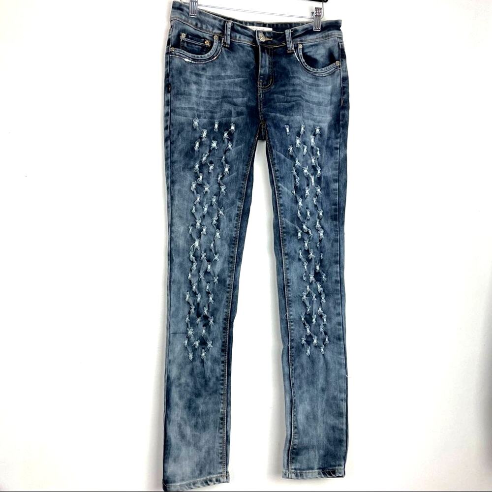 Distressed Acid Wash Jeans with Sequins Sweet Look